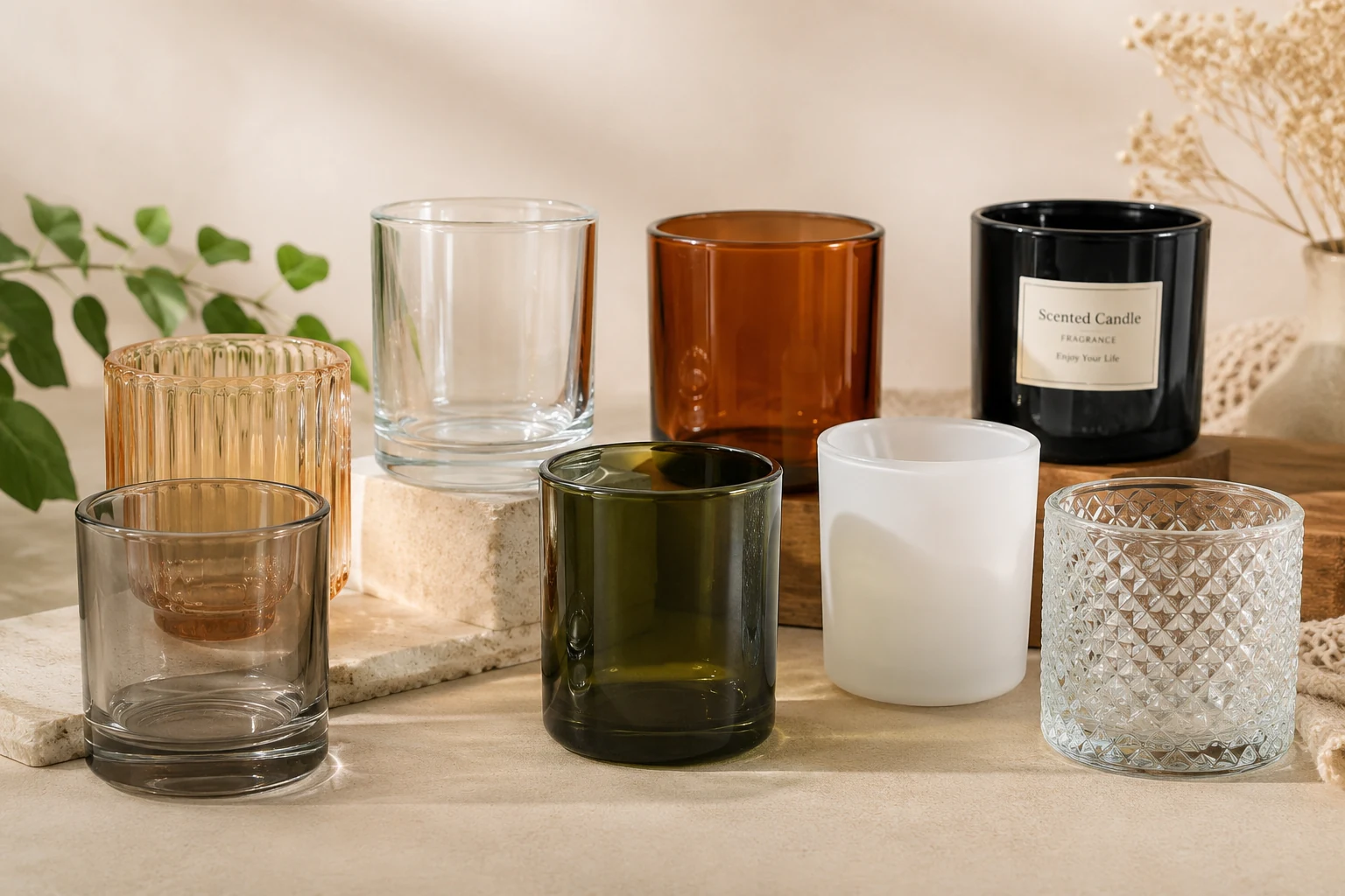 A collection of high-quality glass containers for candles in various shapes and sizes