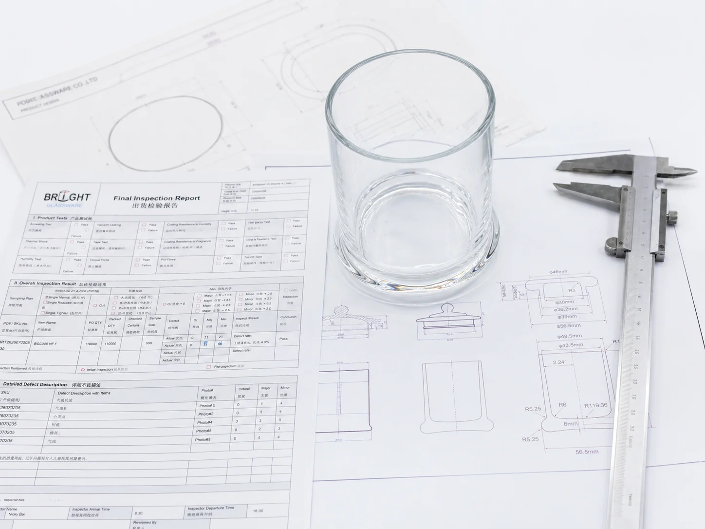 Real glass sample inspection with technical drawings, inspection report and caliper for validating production results