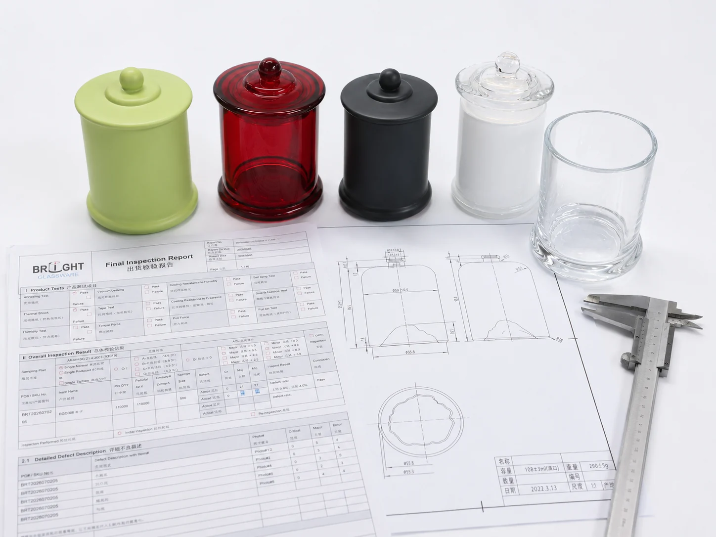 Validated glass candle jar project reference with multiple color finishes, inspection report and technical drawings