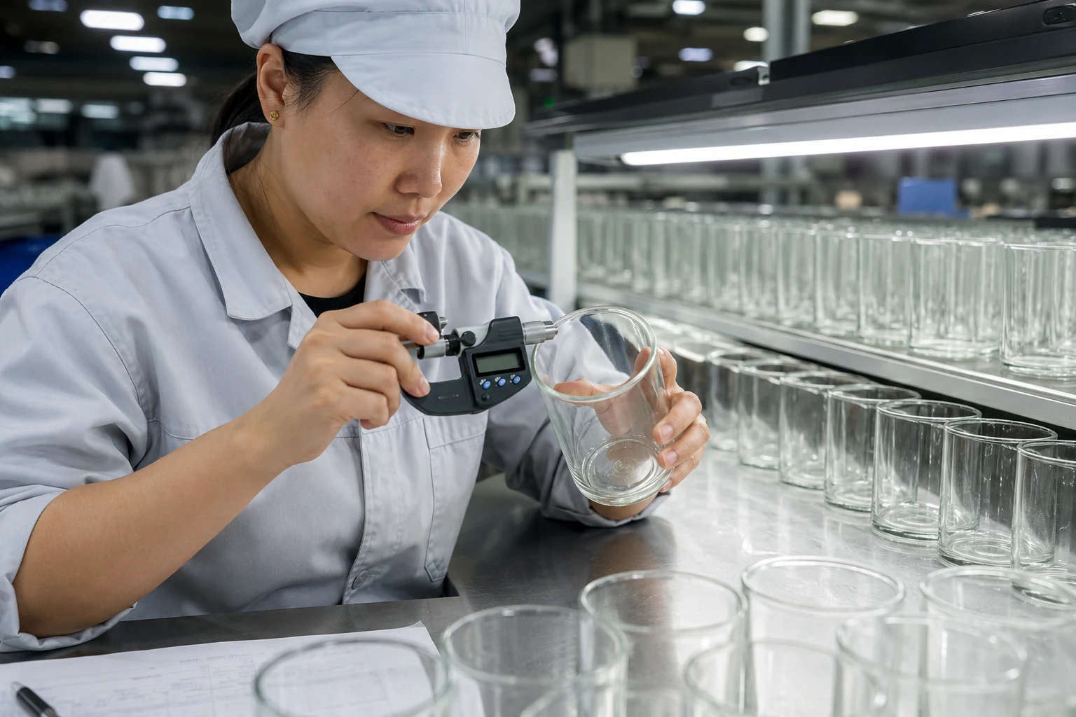 A factory worker inspecting the uniform wall thickness of a glass candle jar