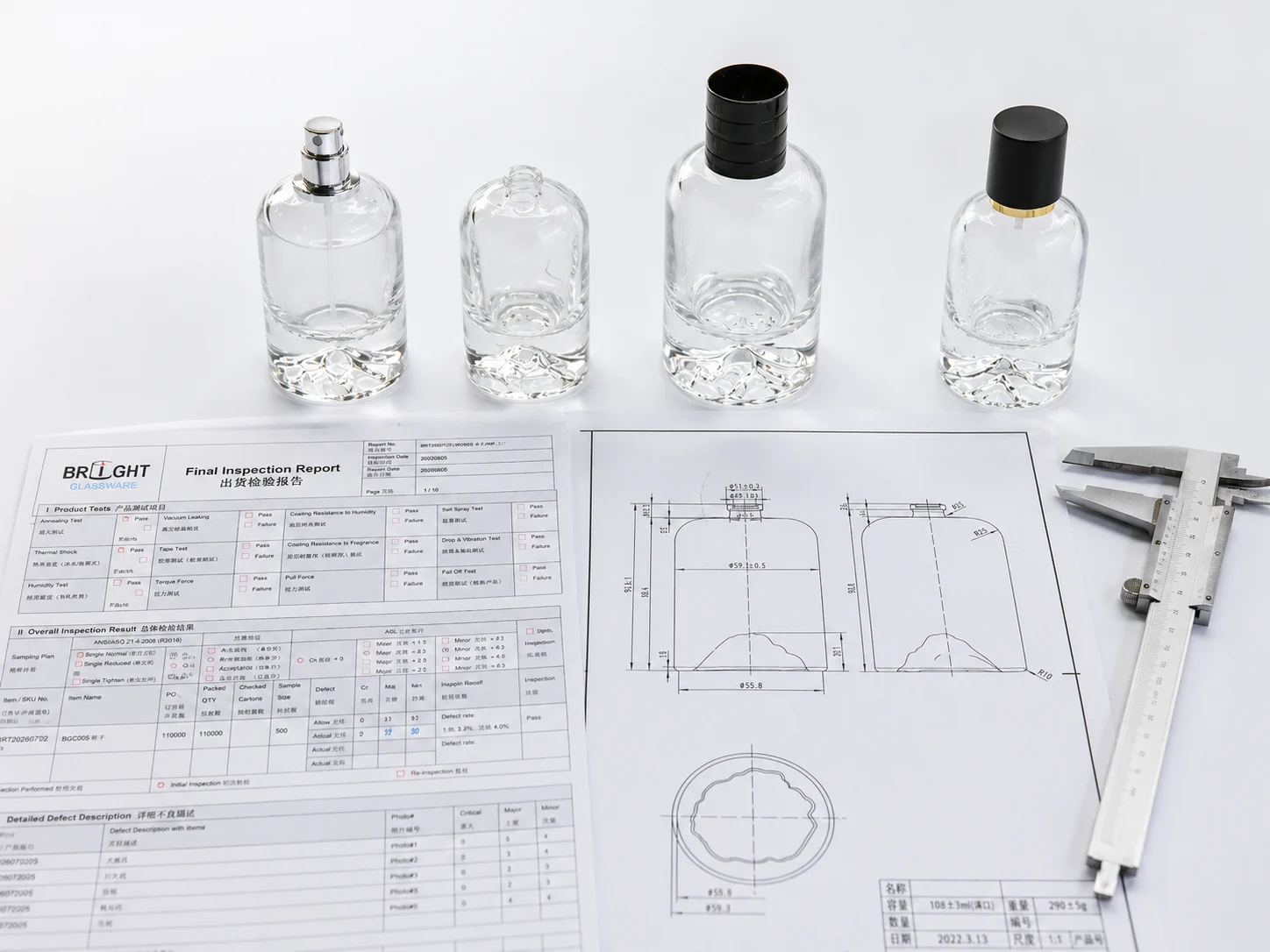 Validated perfume bottle project reference with clear glass samples, inspection report, technical drawings and caliper