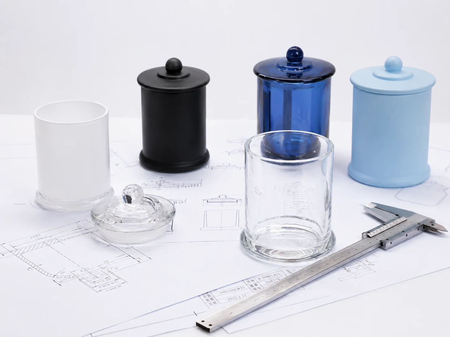 Glass jar components and lid options displayed on engineering drawings for component matching, validation, and project coordination