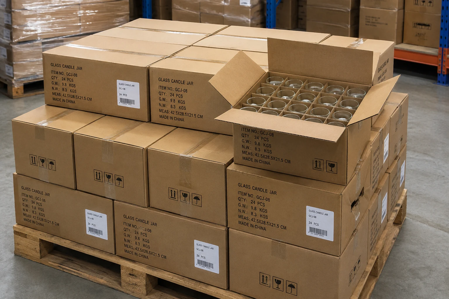 Export cartons of glass containers for candles neatly stacked on a shipping pallet
