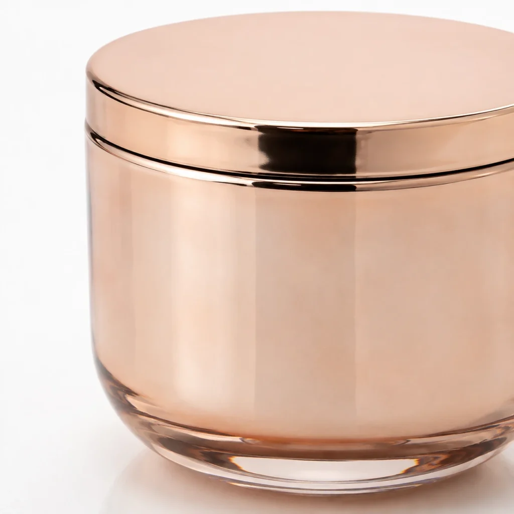 Close-up of 14oz glass candle jar showing surface, closure and container details