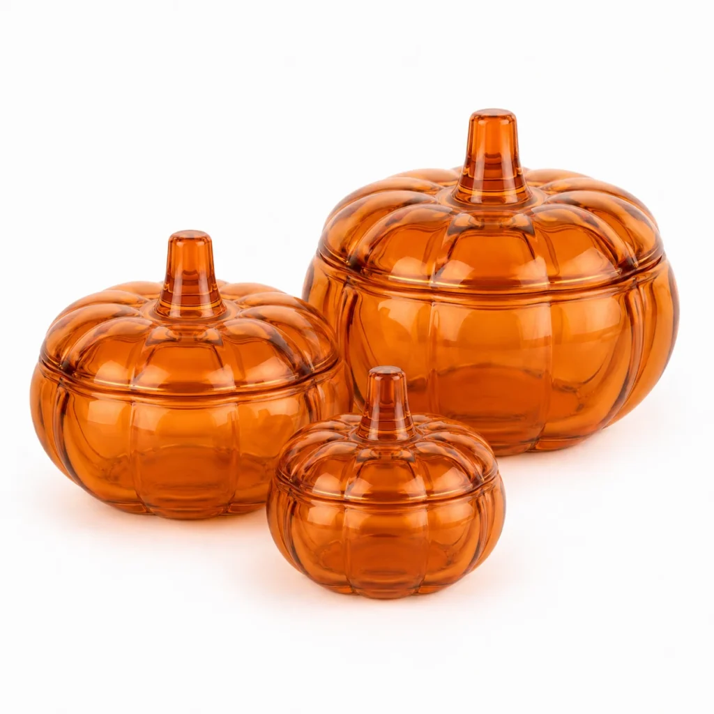 Alternate product view of 180ml / 540ml / 1200ml pumpkin-shaped glass candle jars on a clean studio background