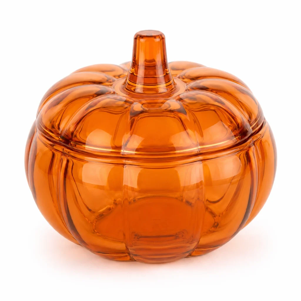 Close-up of 180ml / 540ml / 1200ml pumpkin-shaped glass candle jars showing surface, closure and container details