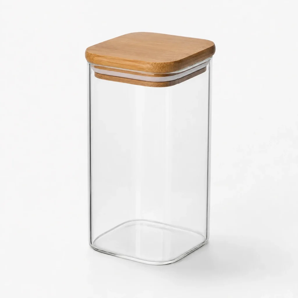 Alternate product view of 680ml square borosilicate glass candle jar with wood lid on a clean studio background