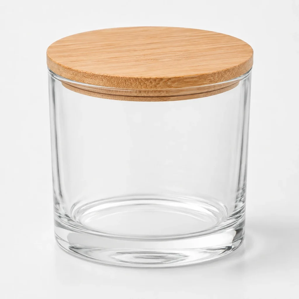 Detail view of BGC018 clear glass candle jar showing thick glass base and bamboo lid
