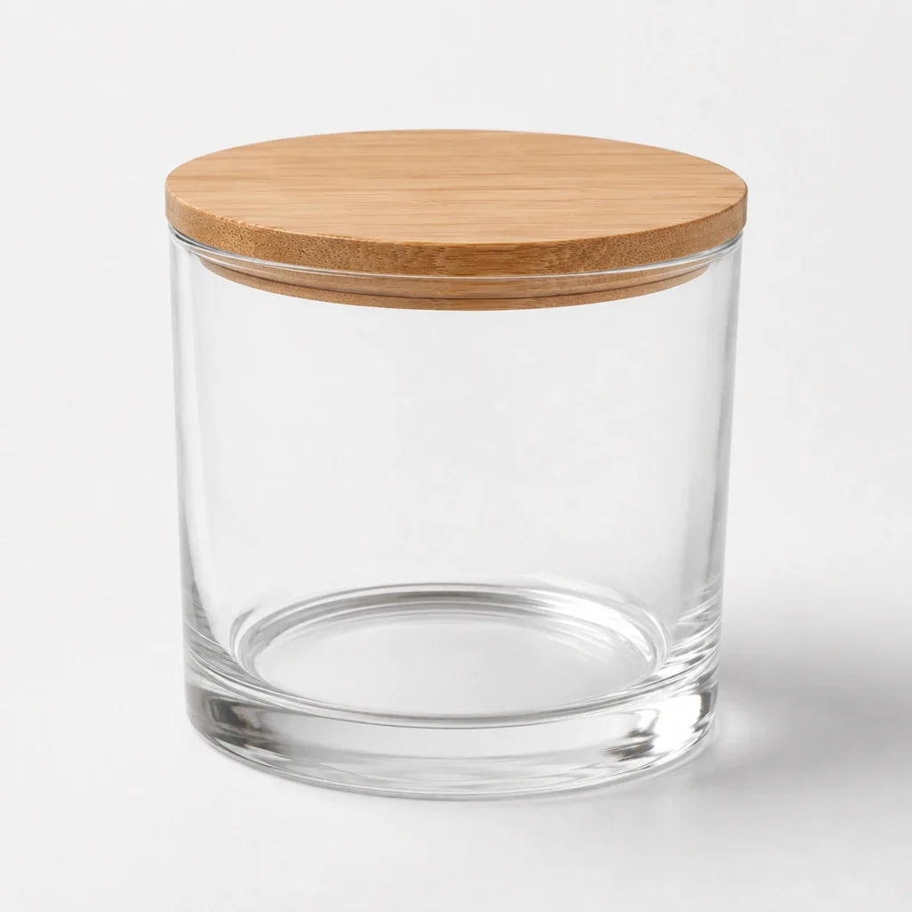 BGC018 large clear glass candle jar with bamboo lid shown from a second studio angle