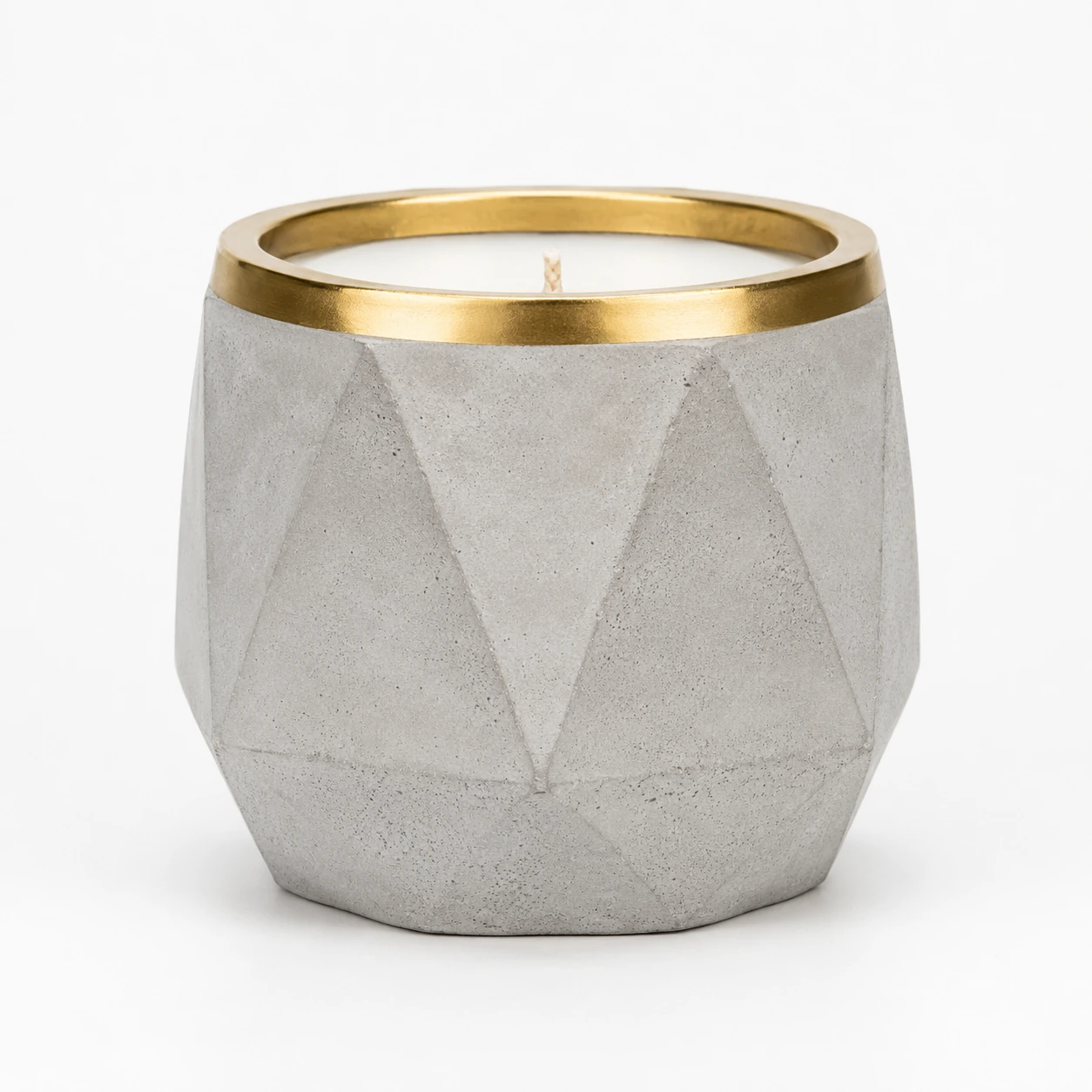 BGCC036 geometric concrete candle jar with metallic gold trim and white wax