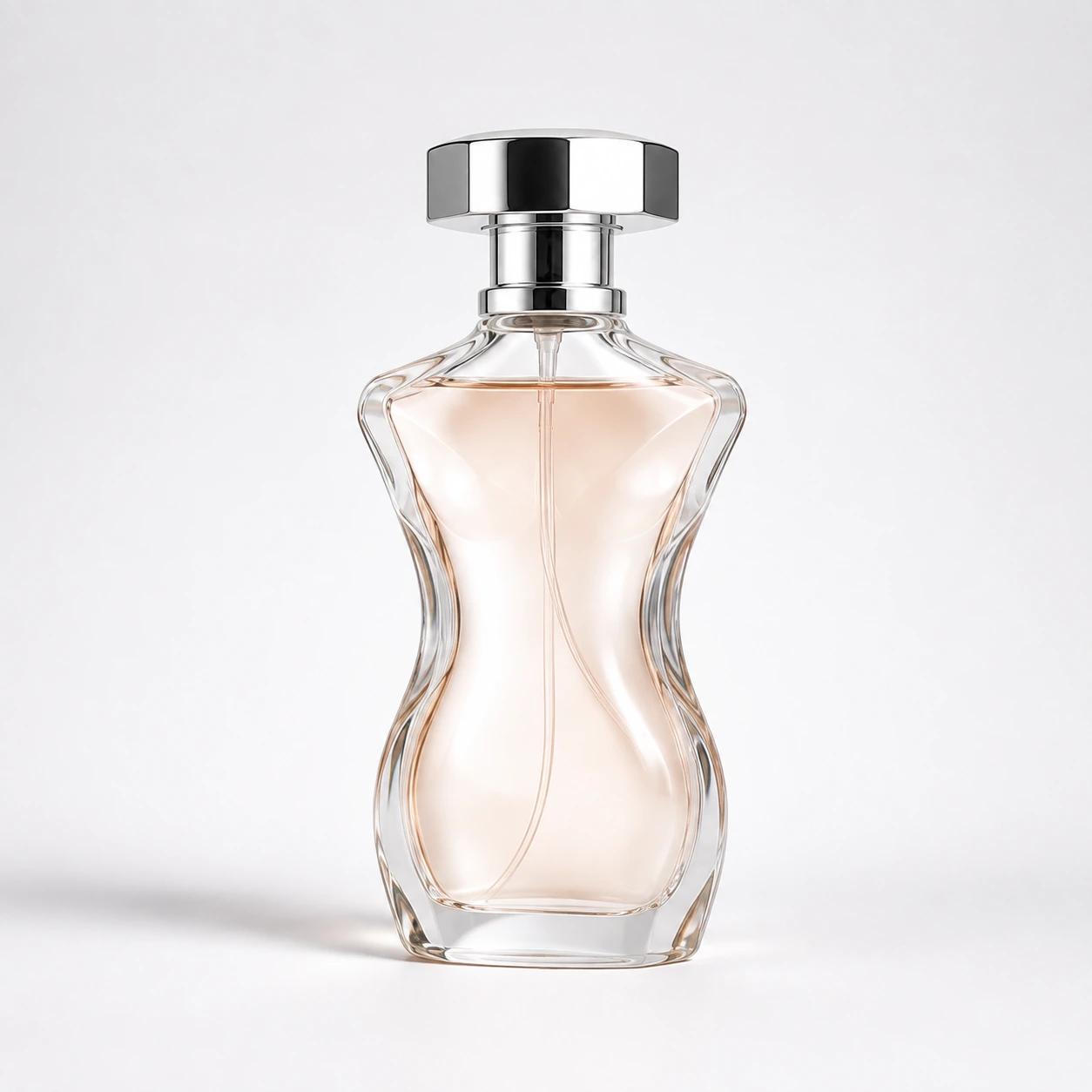 Front view of BR21-01 clear hourglass-shaped glass perfume bottle with blush fragrance and silver cap