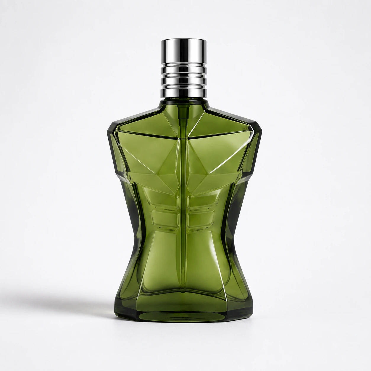 Front view of BR21-02 green faceted male torso glass perfume bottle with silver cap