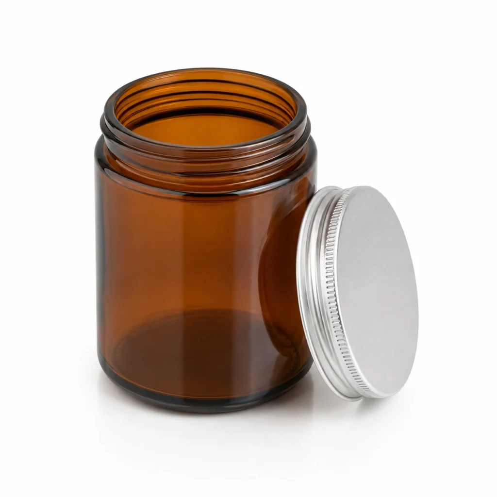 Threaded neck and lid detail of 8oz amber Mason glass candle jar