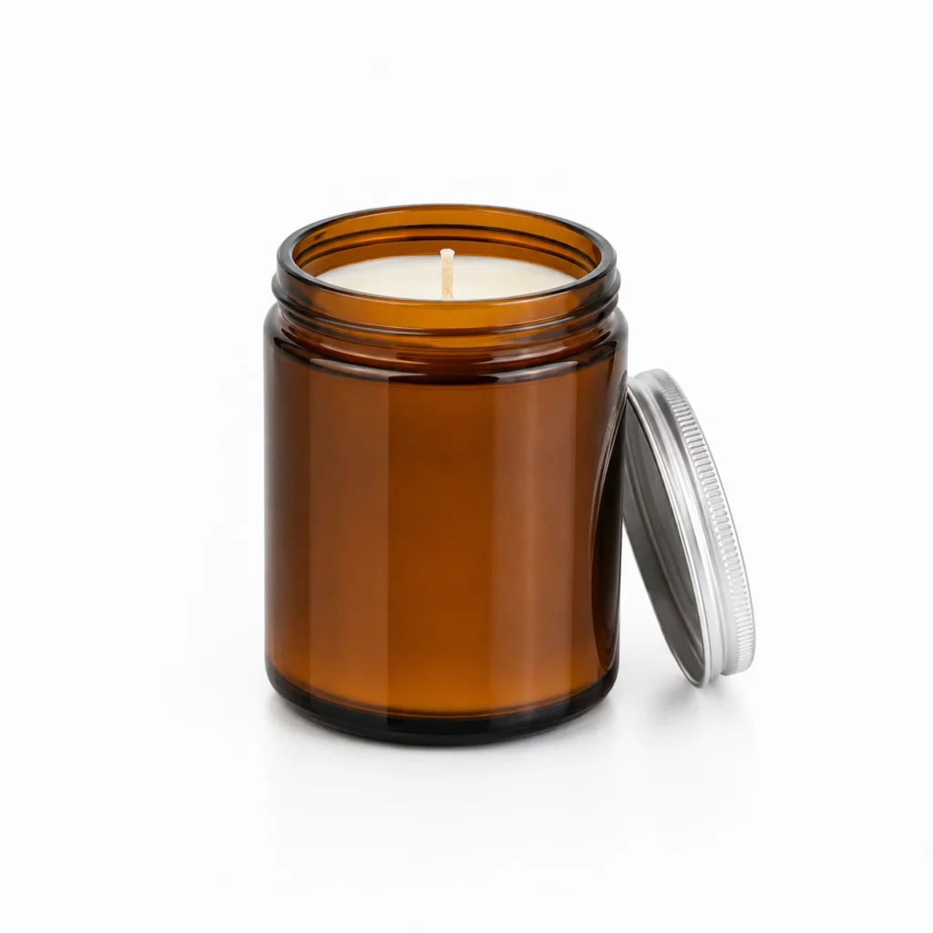 8oz amber Mason glass candle jar filled with white candle wax and wick