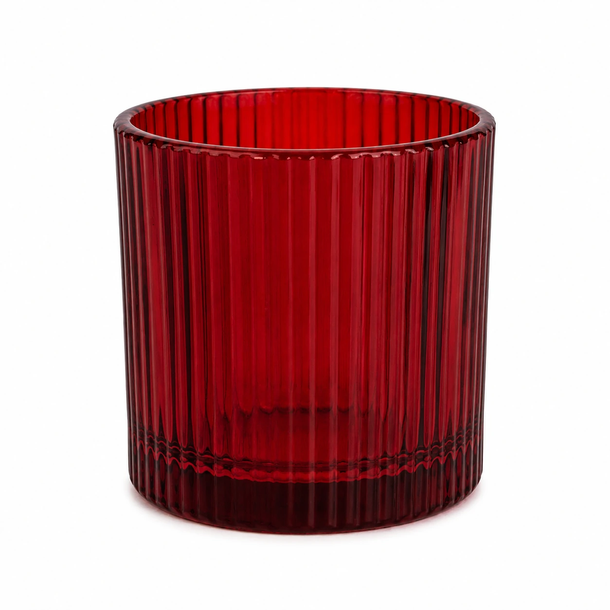 Front view of BGC252B red stripe glass candle jar for scented candle brands
