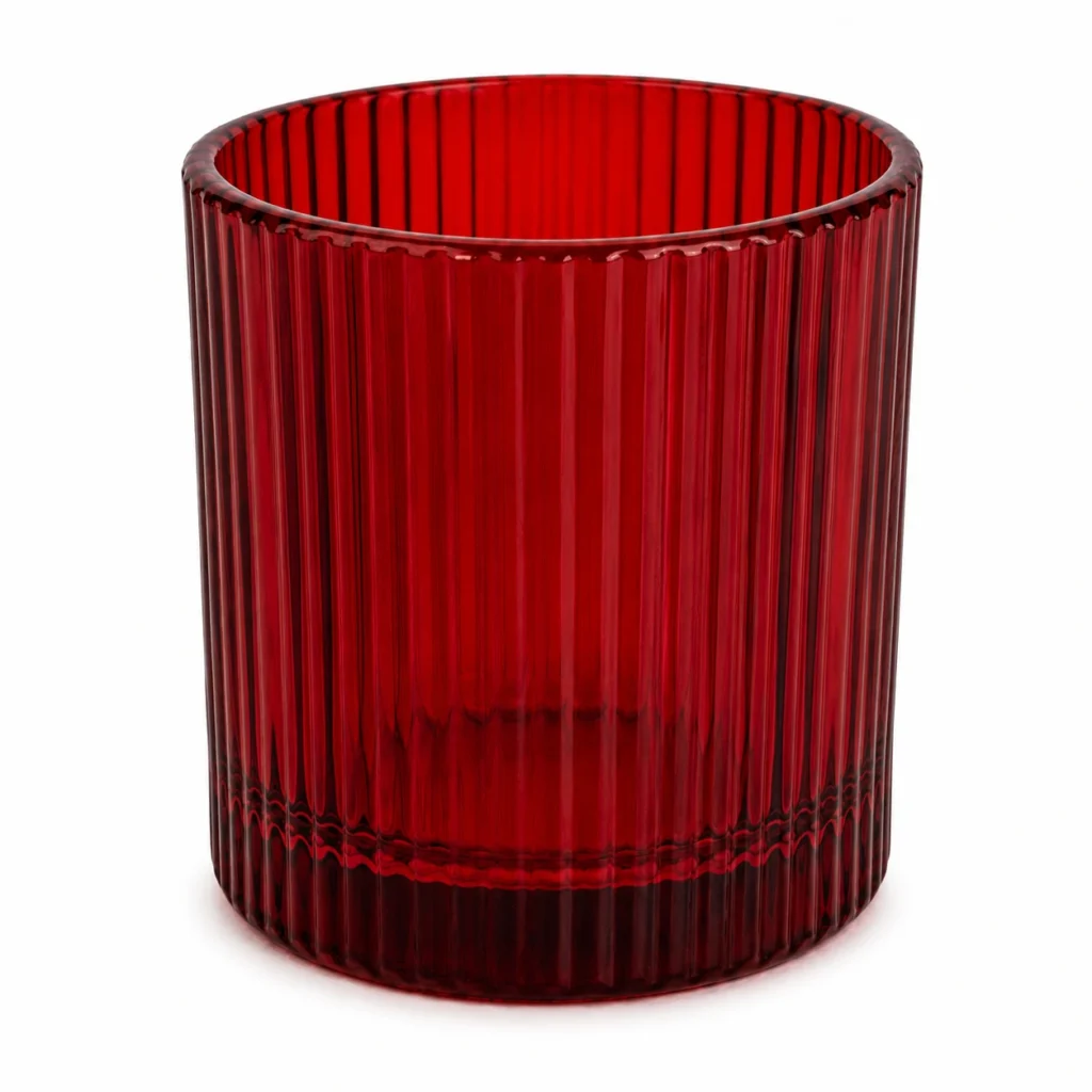 Ribbed glass texture detail of BGC252B red stripe candle jar