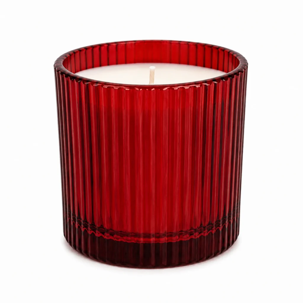 BGC252B red stripe glass candle jar filled with white candle wax and wick