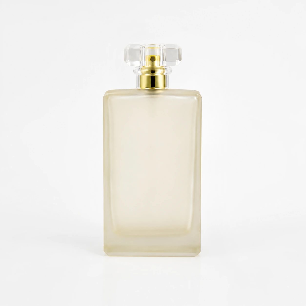 Front view of BR21-09 GBC123 120ml light yellow frosted glass perfume bottle with fancy cap
