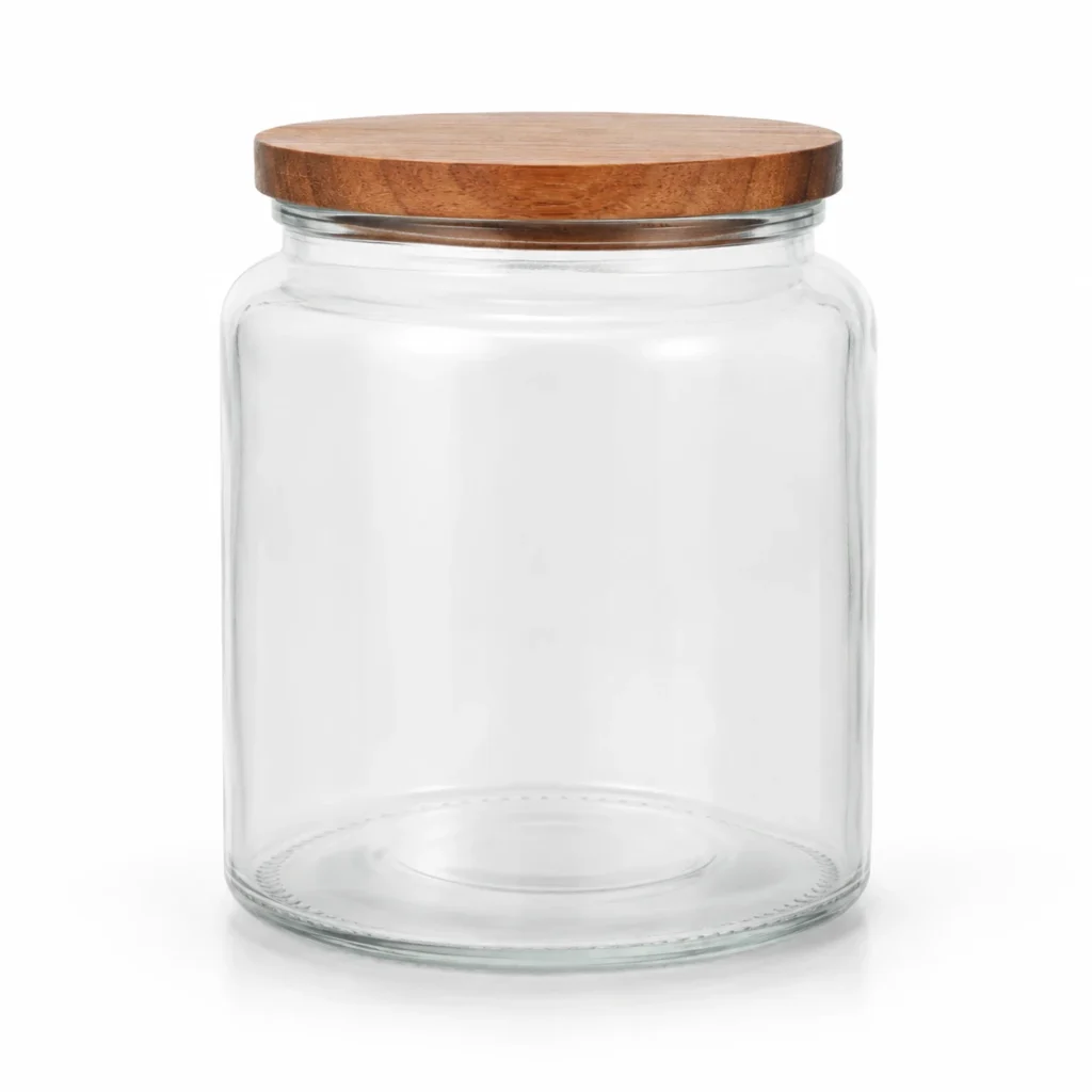 Front view of apothecary glass candle jar with wood lid