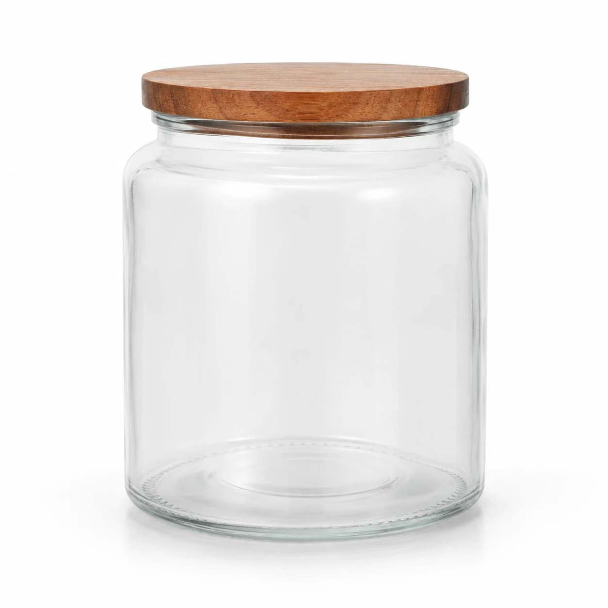 Front view of BR21-10 apothecary glass candle jar with wood lid