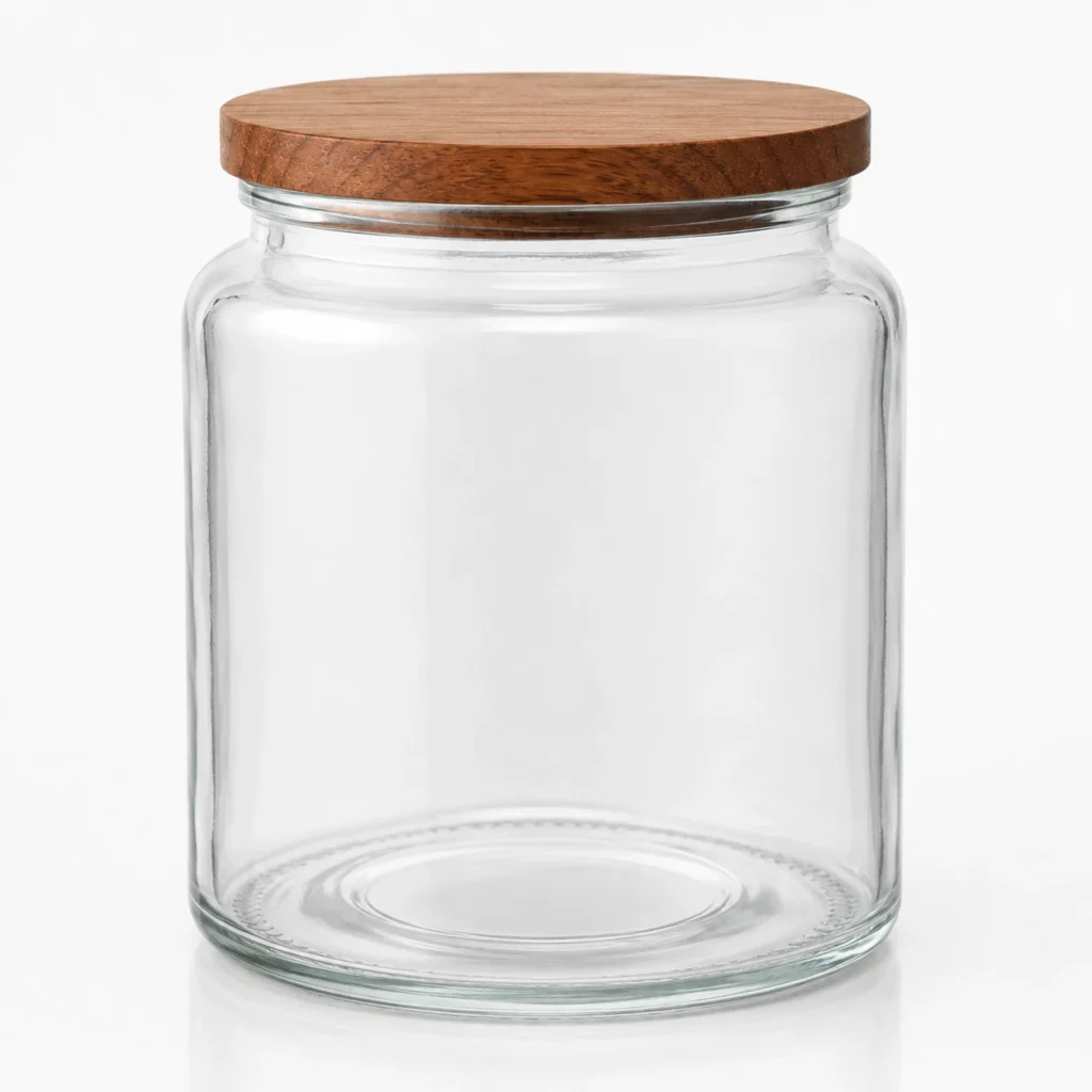 Close detail of BR21-10 apothecary glass candle jar with wood lid