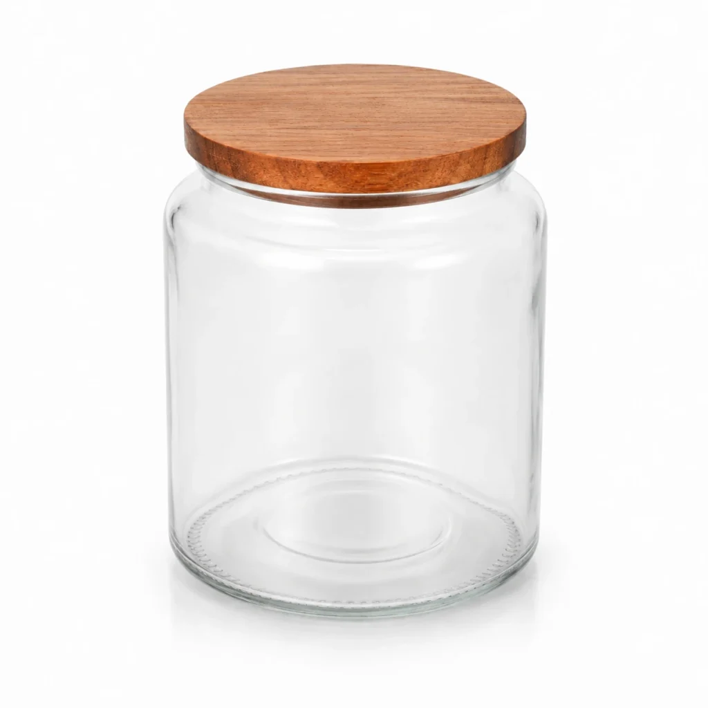 Second angle of BR21-10 apothecary glass candle jar with wood lid