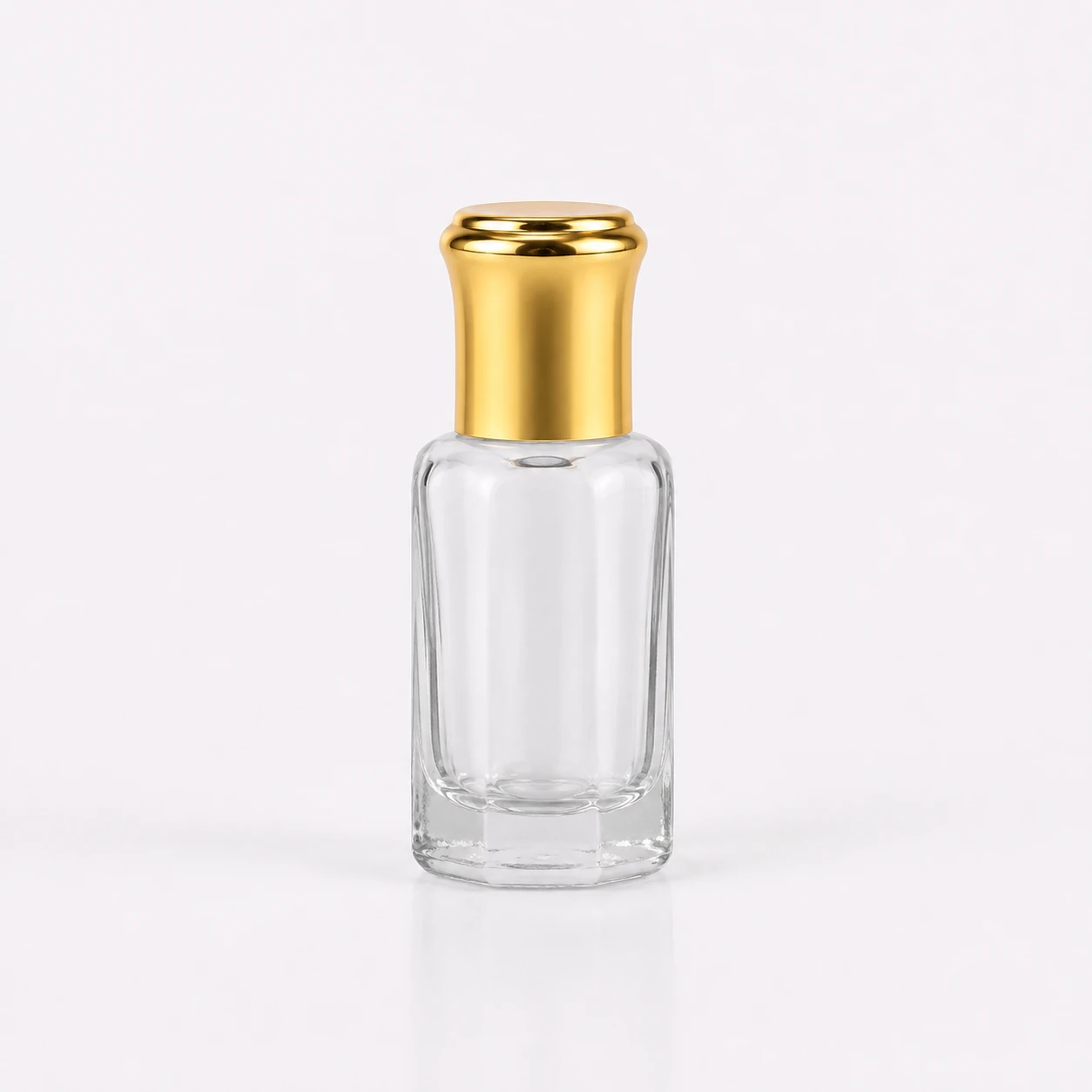 Front view of BR21-15 6ml round glass attar bottle with gold screw cap