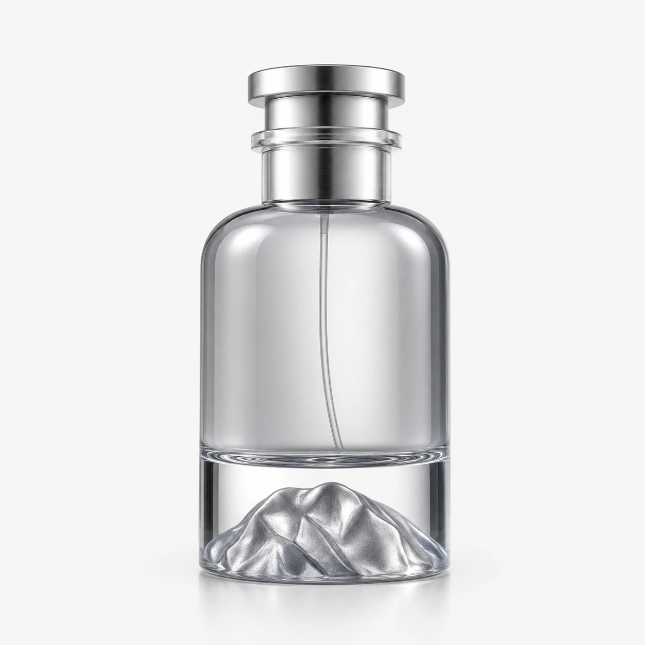 Front view of BR21-21 silver mountain-base glass perfume bottle with metallic cap