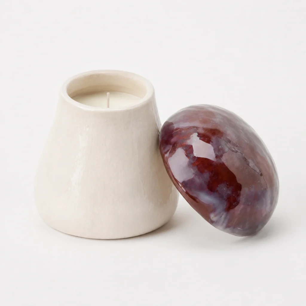 Mushroom-shaped ceramic candle jar with white wax and matching marbled lid