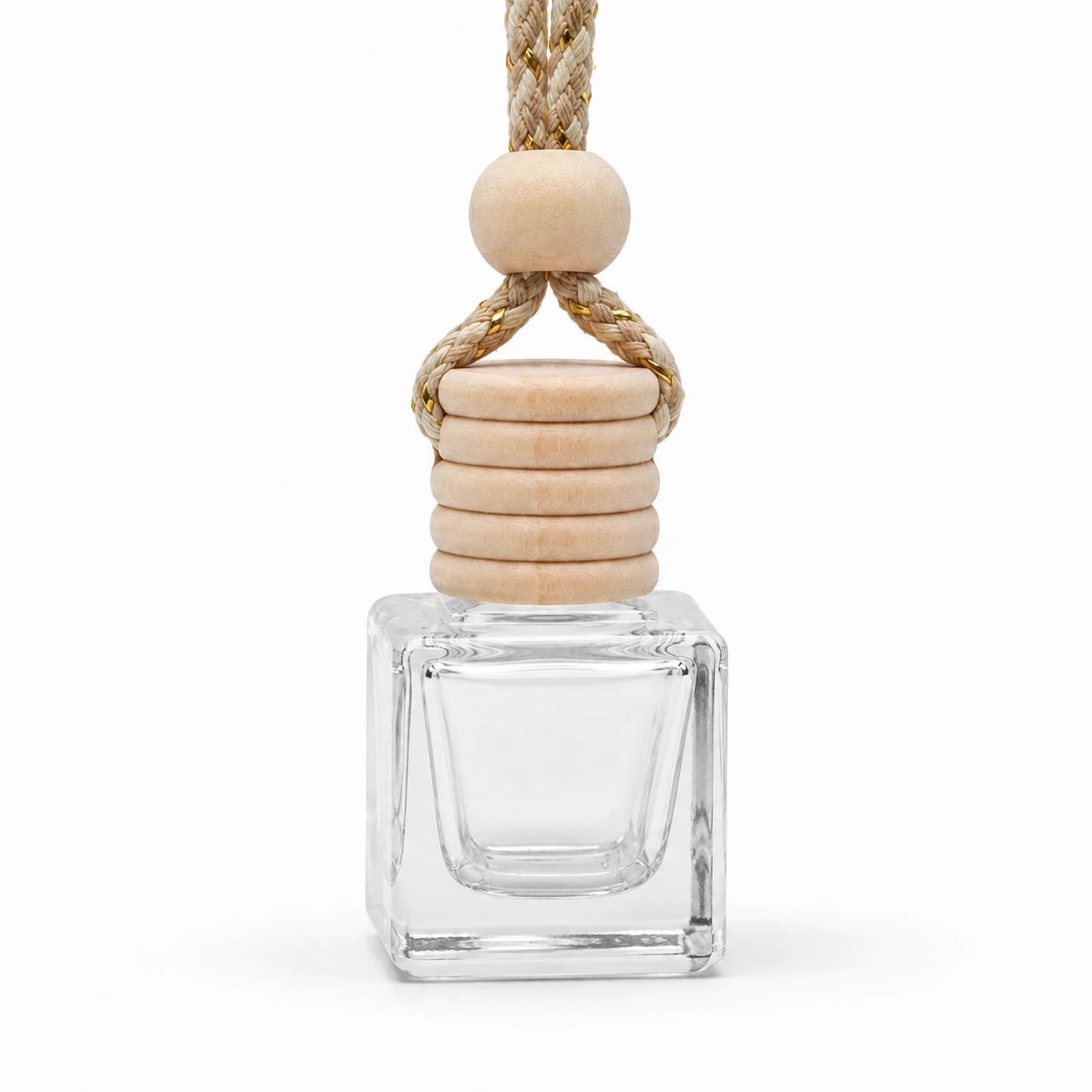 CDB005 clear square hanging car diffuser bottle with wooden cap and braided rope on a white background