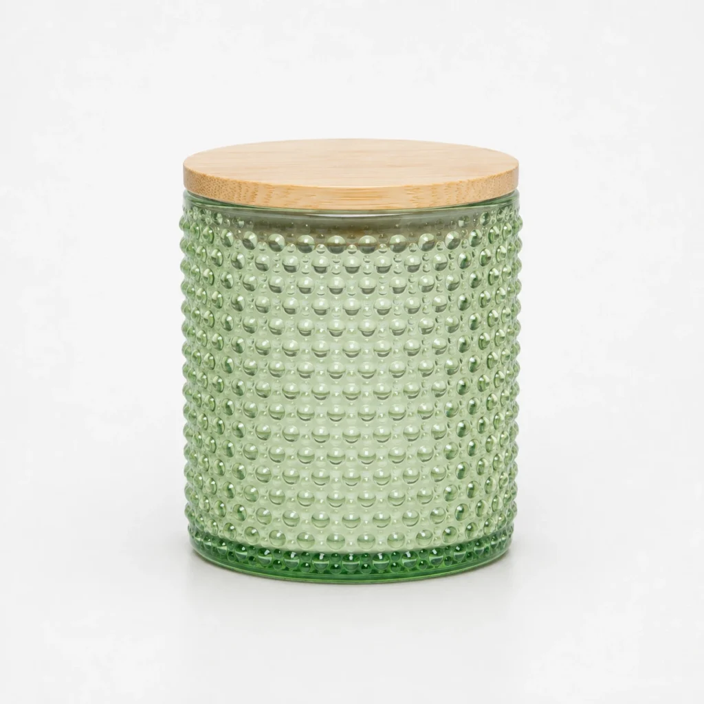 Pale green pearl-pattern glass candle jar with bamboo lid