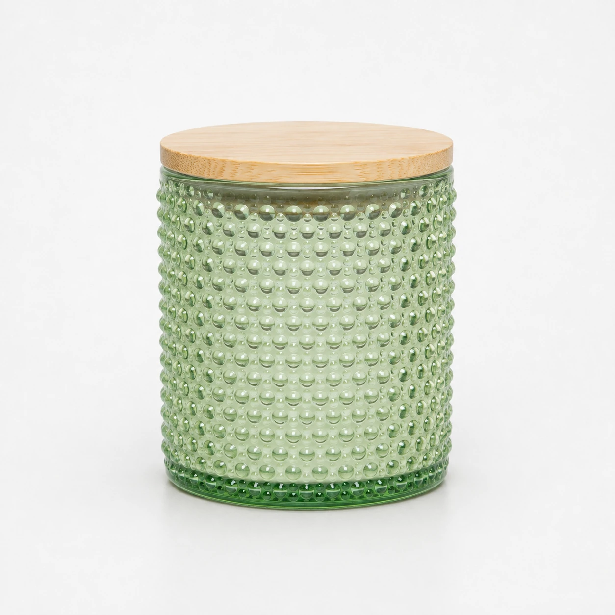 Pale green pearl-pattern glass candle jar with bamboo lid