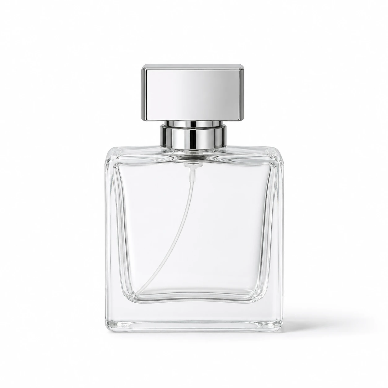 Clear square glass perfume bottle with spray pump and metallic cap