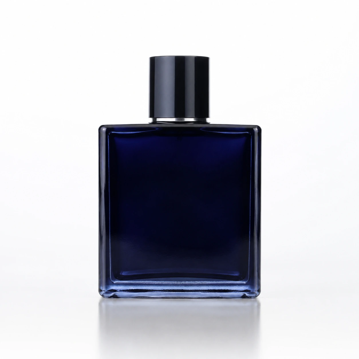 GBC102 dark blue square glass perfume bottle with black cap, front view