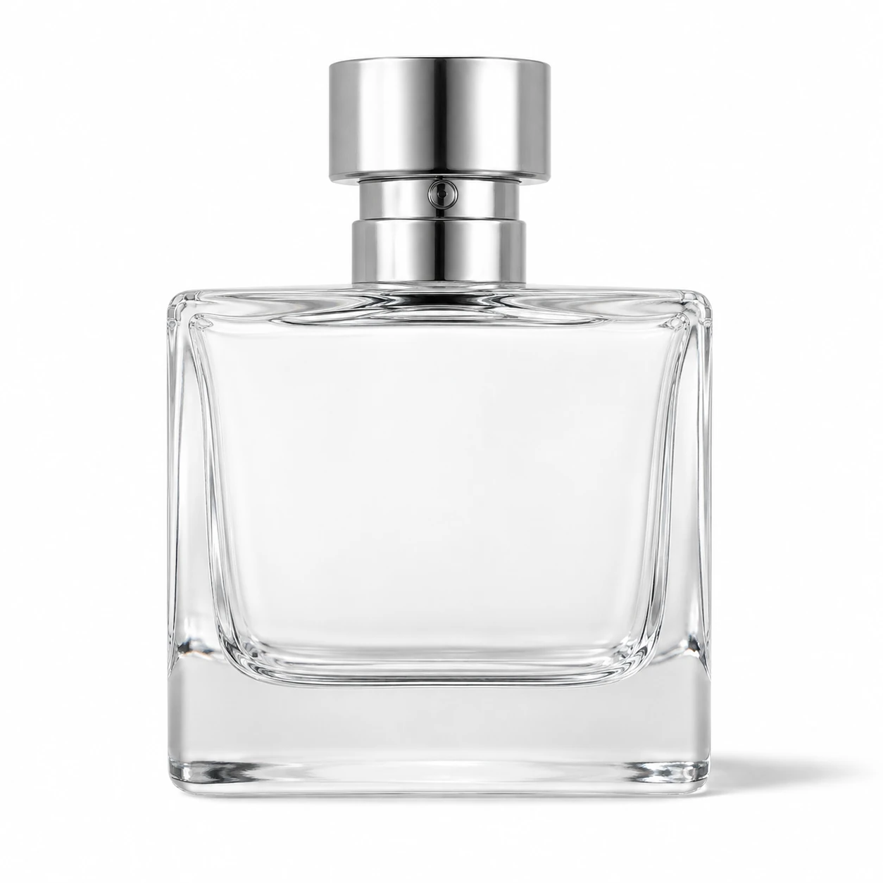 Clear glass perfume bottle with thick base and metallic spray pump