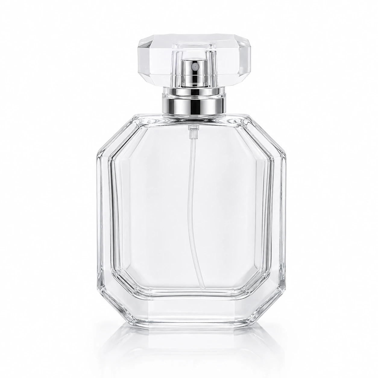 GBC195 clear octagon faceted glass perfume bottle with crystal-style cap, front view