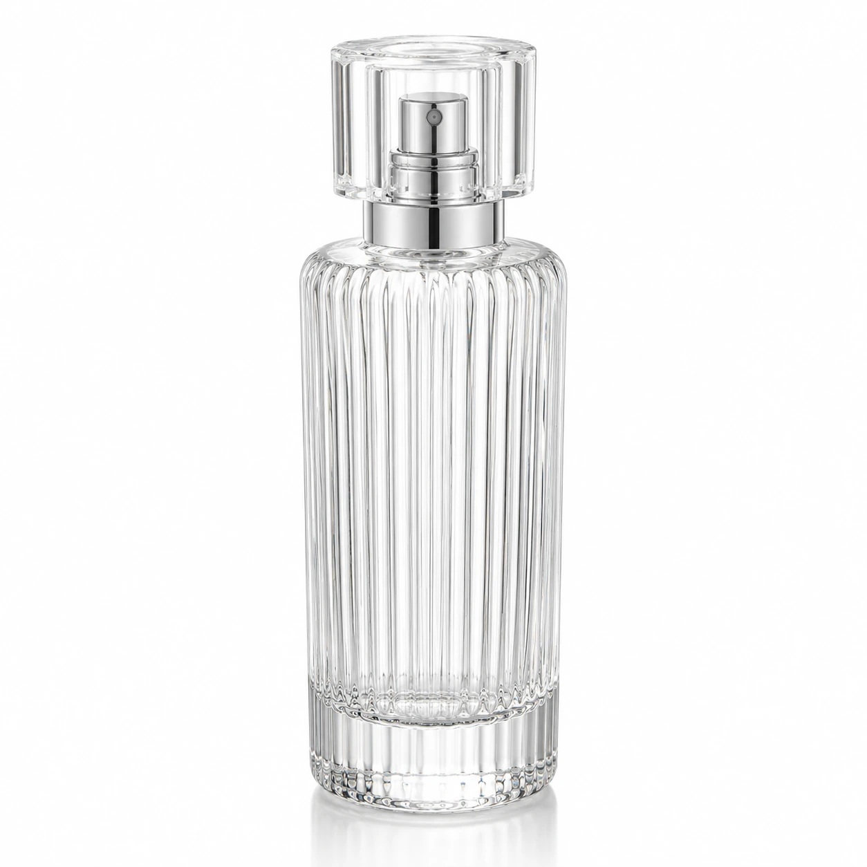 Clear 150ml ribbed glass perfume spray bottle with silver atomizer