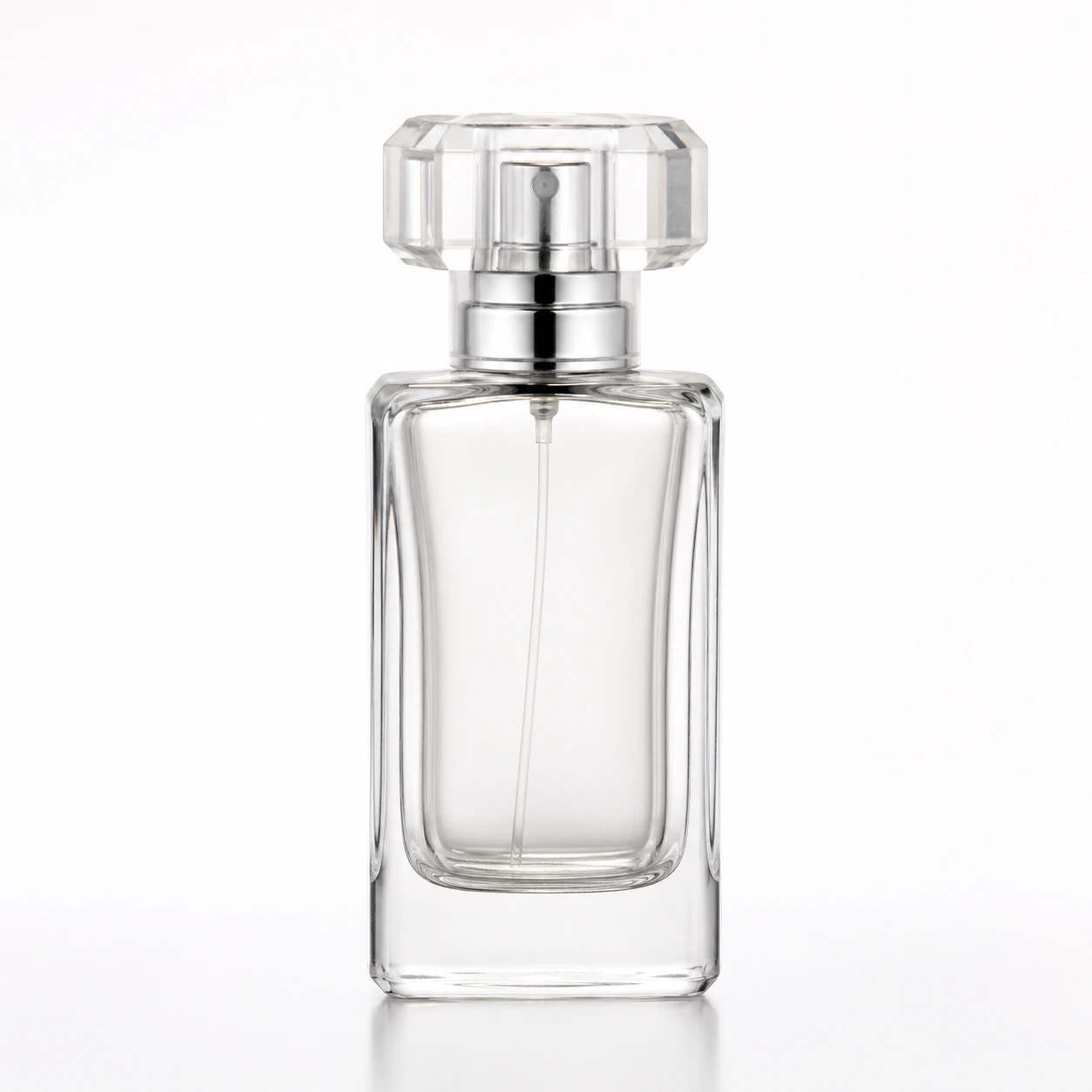 GBC379 50ml clear glass perfume bottle with crystal-style cap, front view
