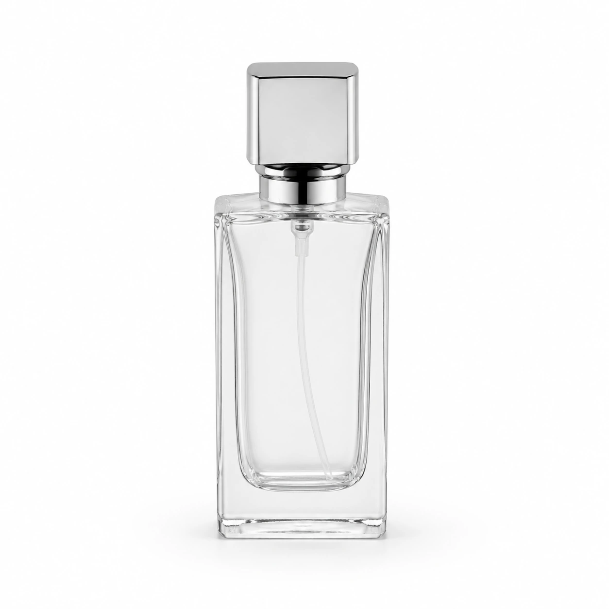 GBC380 80ml clear glass perfume bottle with square silver cap, front view