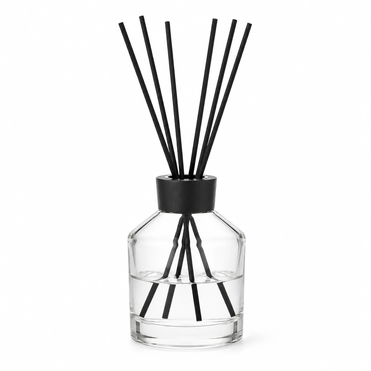 Clear tapered glass reed diffuser bottle with black collar and black reeds