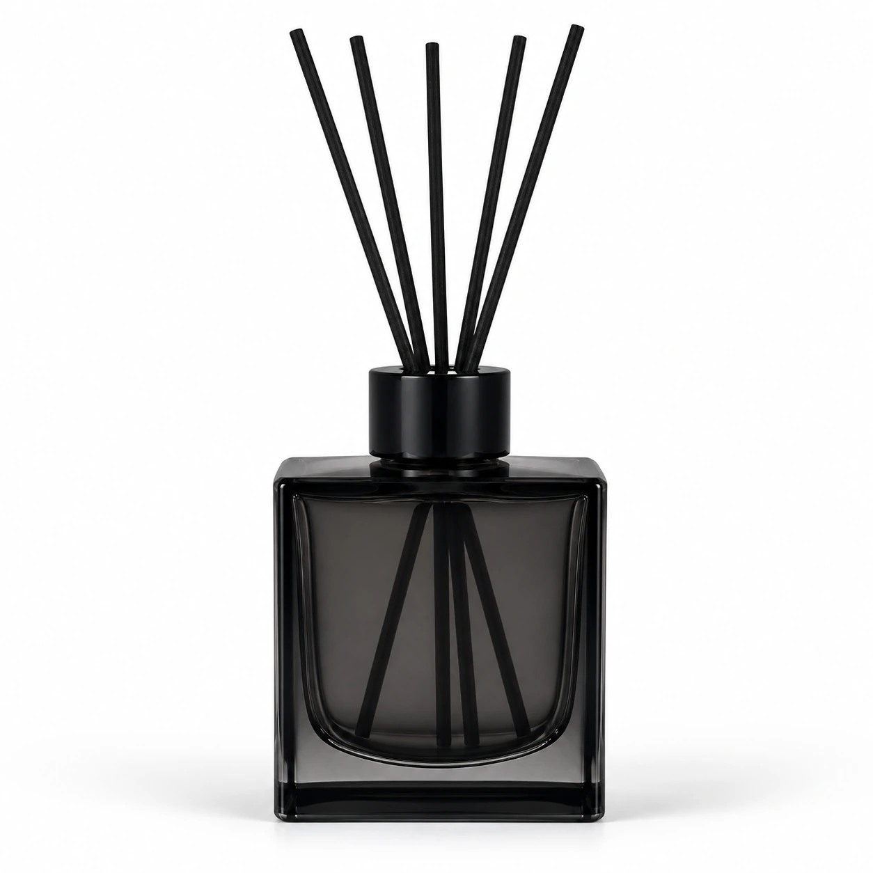 Black square curved-bottom glass reed diffuser bottle with black collar and black reeds