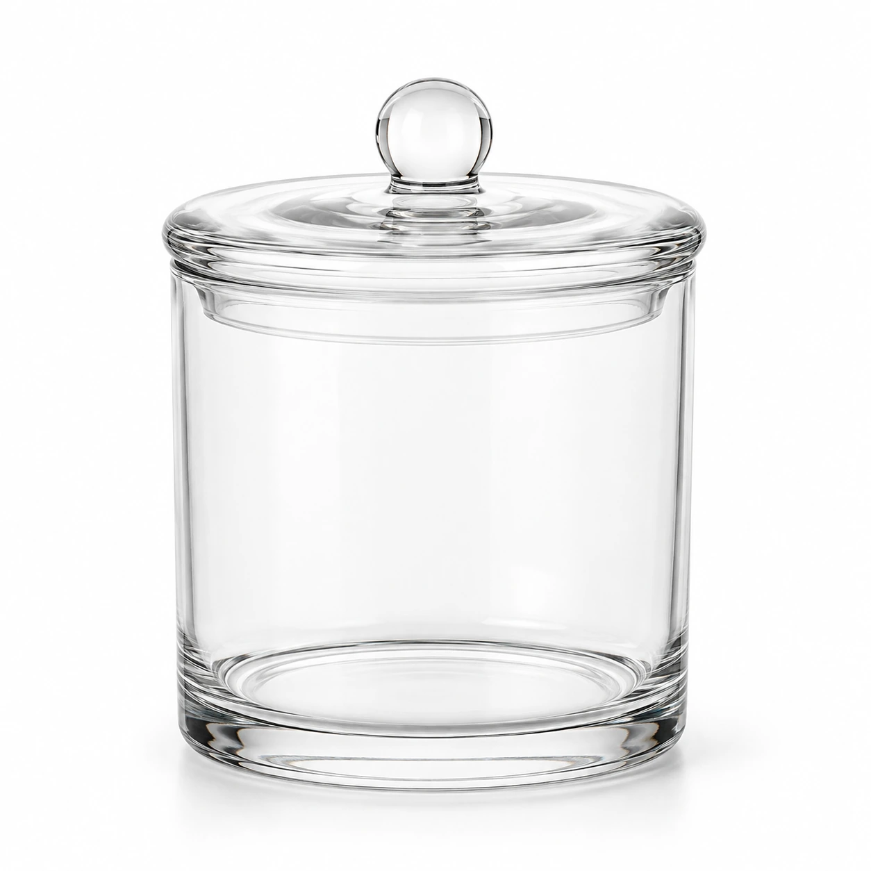 Clear high white glass storage jar with matching glass knob lid