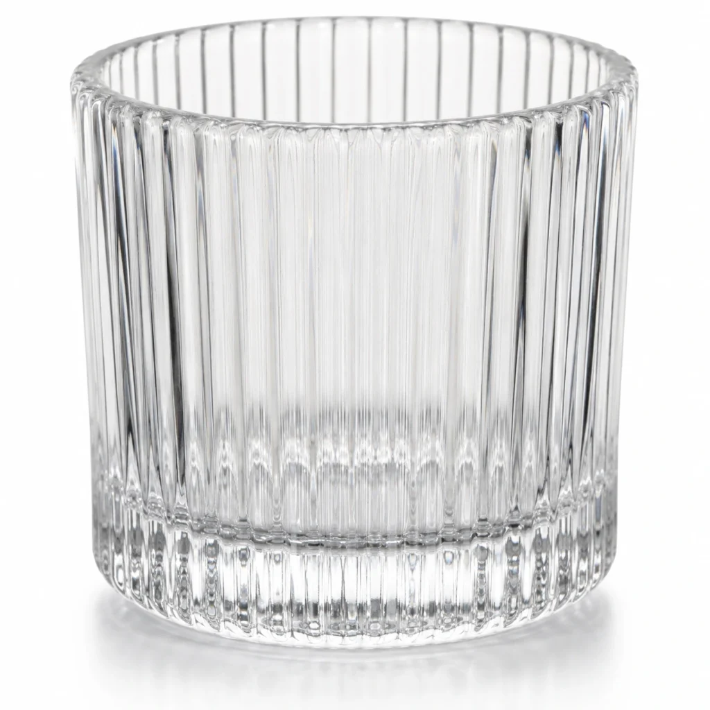 Close-up of vertical ribbed glass texture and thick glass base