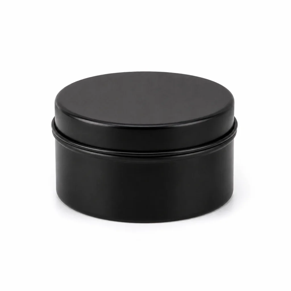 Round black tin candle jar with fitted lid 62 by 47 mm