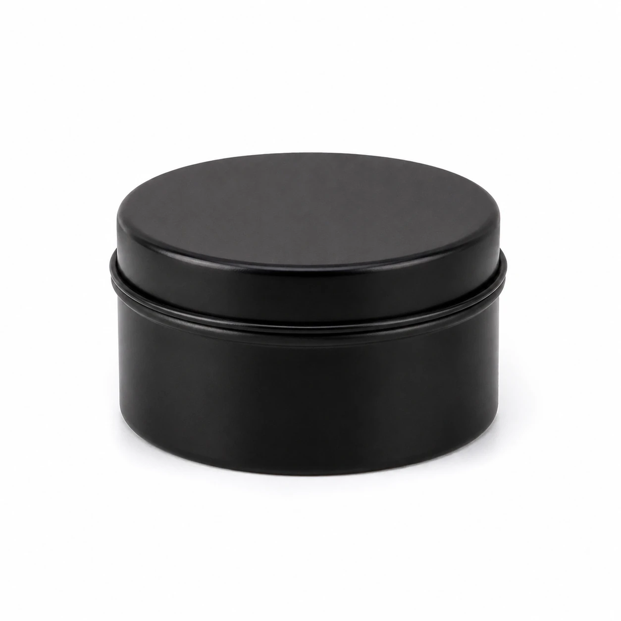 Round black tin candle jar with fitted lid, model GJT050, 62 by 47 mm