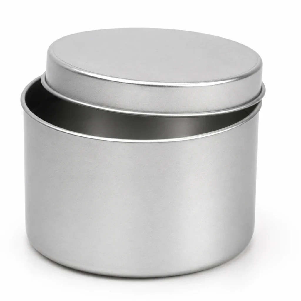 Open round silver tin candle jar GJT051 showing metal lid and rim detail