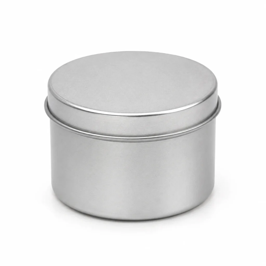 Round silver tin candle jar GJT051 with metal lid shown from a second studio angle