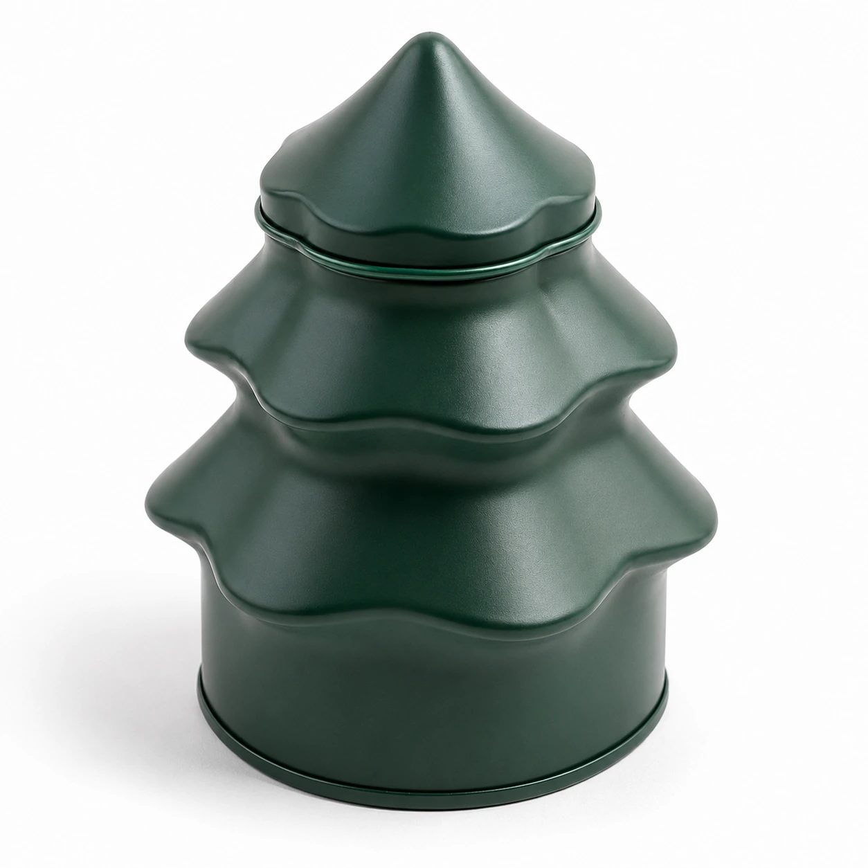 GJT062 Christmas tree shape green tin candle jar with metal lid on a white background