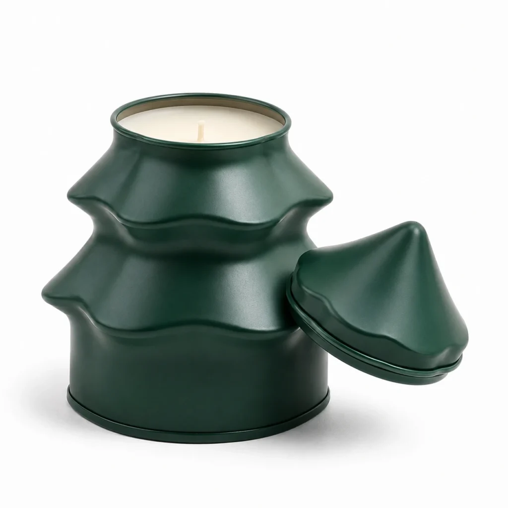 Green tree-shaped candle container shown open beside its shaped lid.