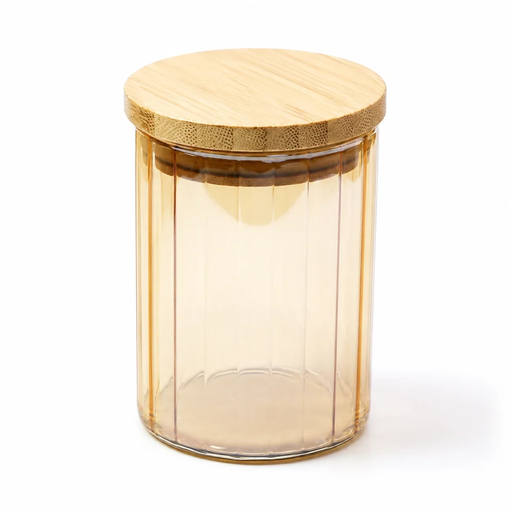 HBC016-ST amber ribbed borosilicate glass and bamboo lid detail